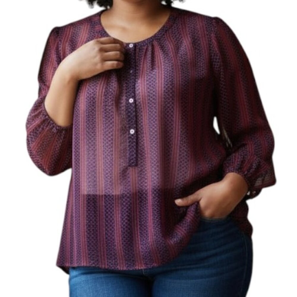 LOFT Maroon & Navy Patterned 3/4 Sleeves Pullover Blouse - Size XL